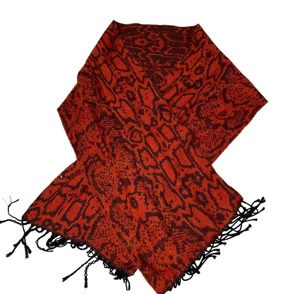 Cejon brand made in Italy burnt orange and brown tasseled scarf animal print